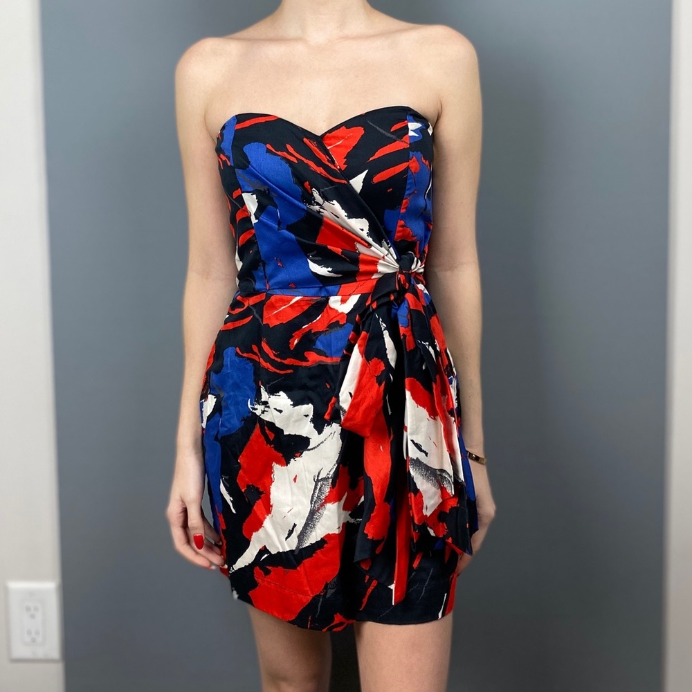 French Connection graphic print strapless summer fix mini dress with bow detail